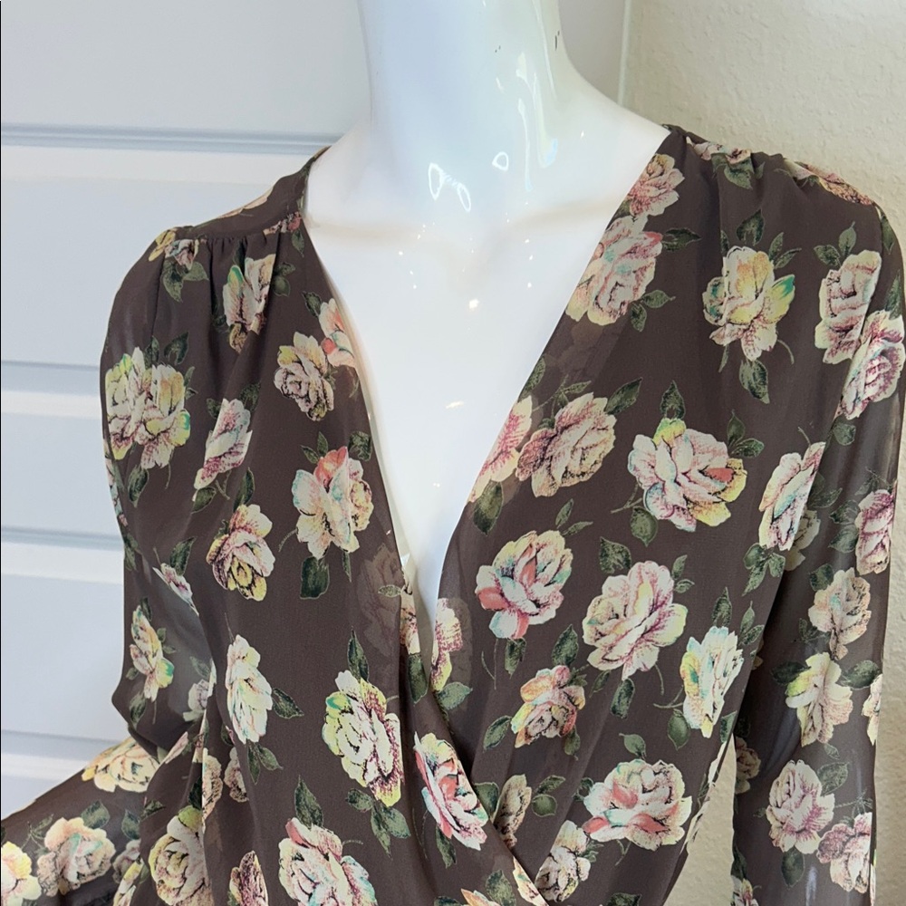 Honey Punch Brown Floral Surplice Long Sleeve Romper - Picture 2 of 11